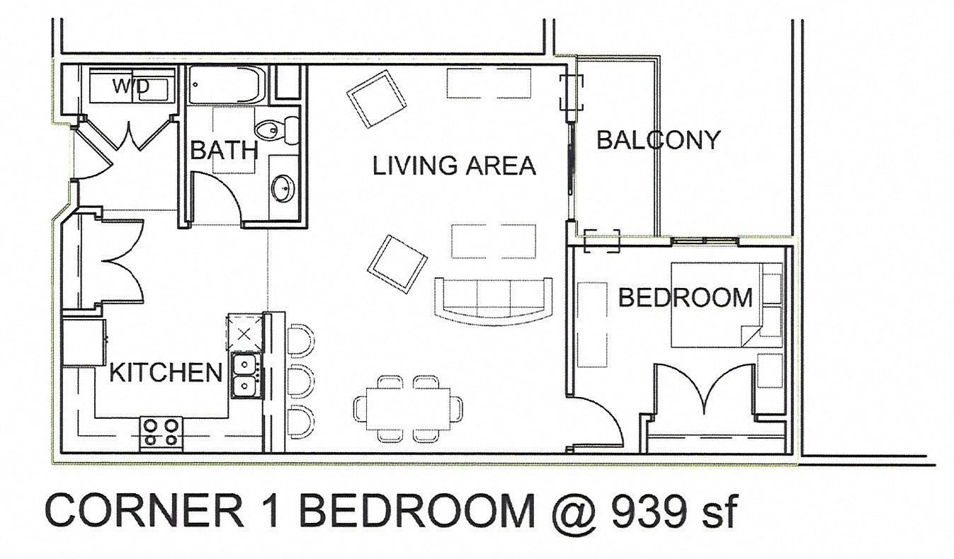Floor plan for 1 bed, 1 bath, 845 sqft